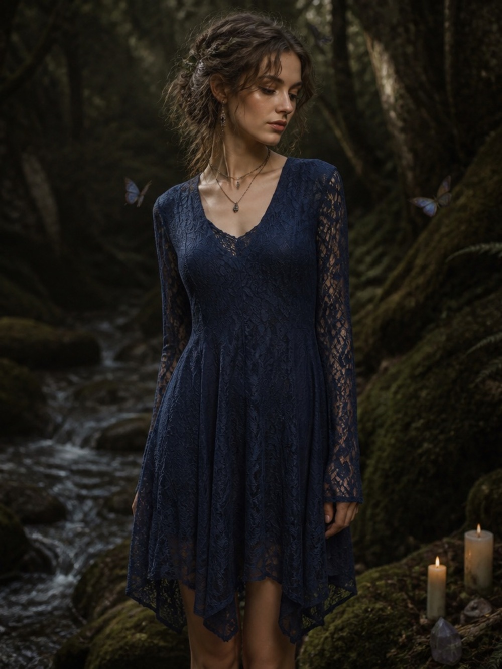 Y2k Lace Fit Flare Dress Size M Blue Dark Romantic Fairygrunge Asymmetrical Hem